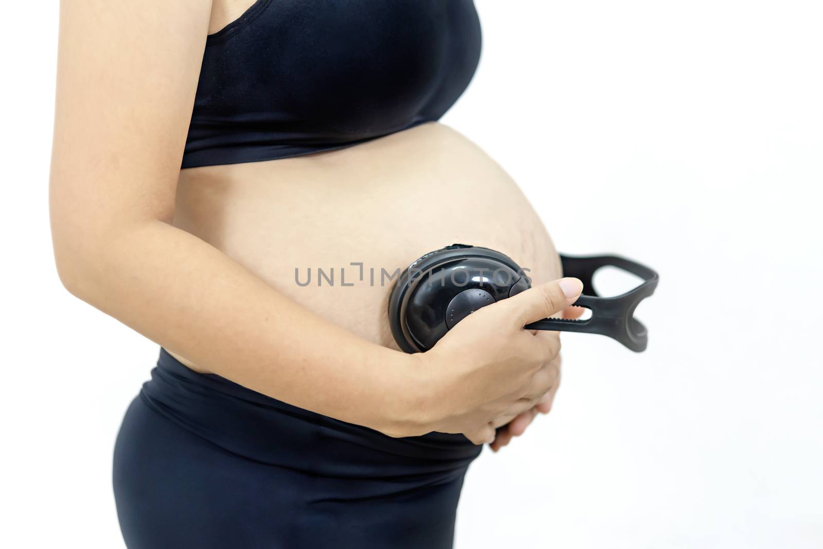 Close up  of pregnant  asian woman in black underwear