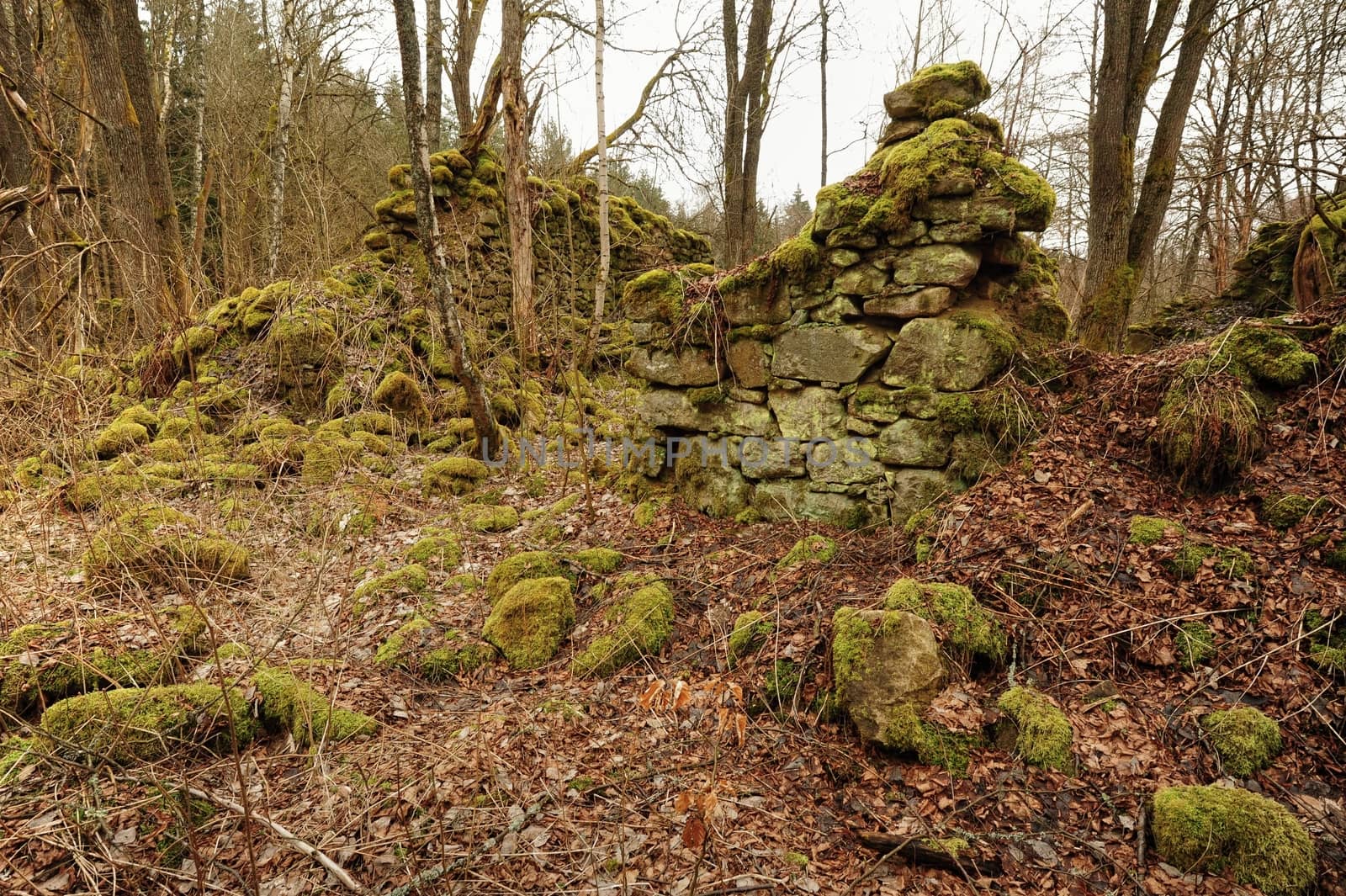 Very old and broken stone walls covered with moss