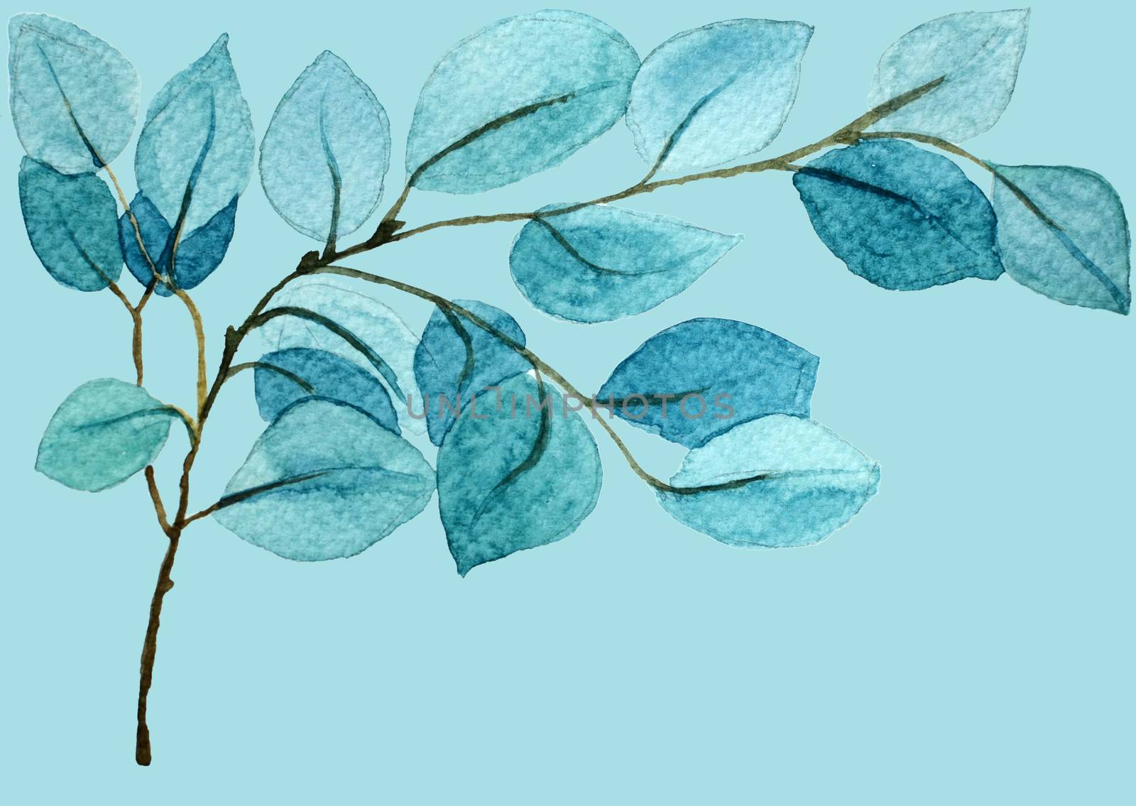 Blue retro exotic branch with leaves. Ornate delicate watercolor flowers for wedding invitations, greeting cards, blogs, posters and more