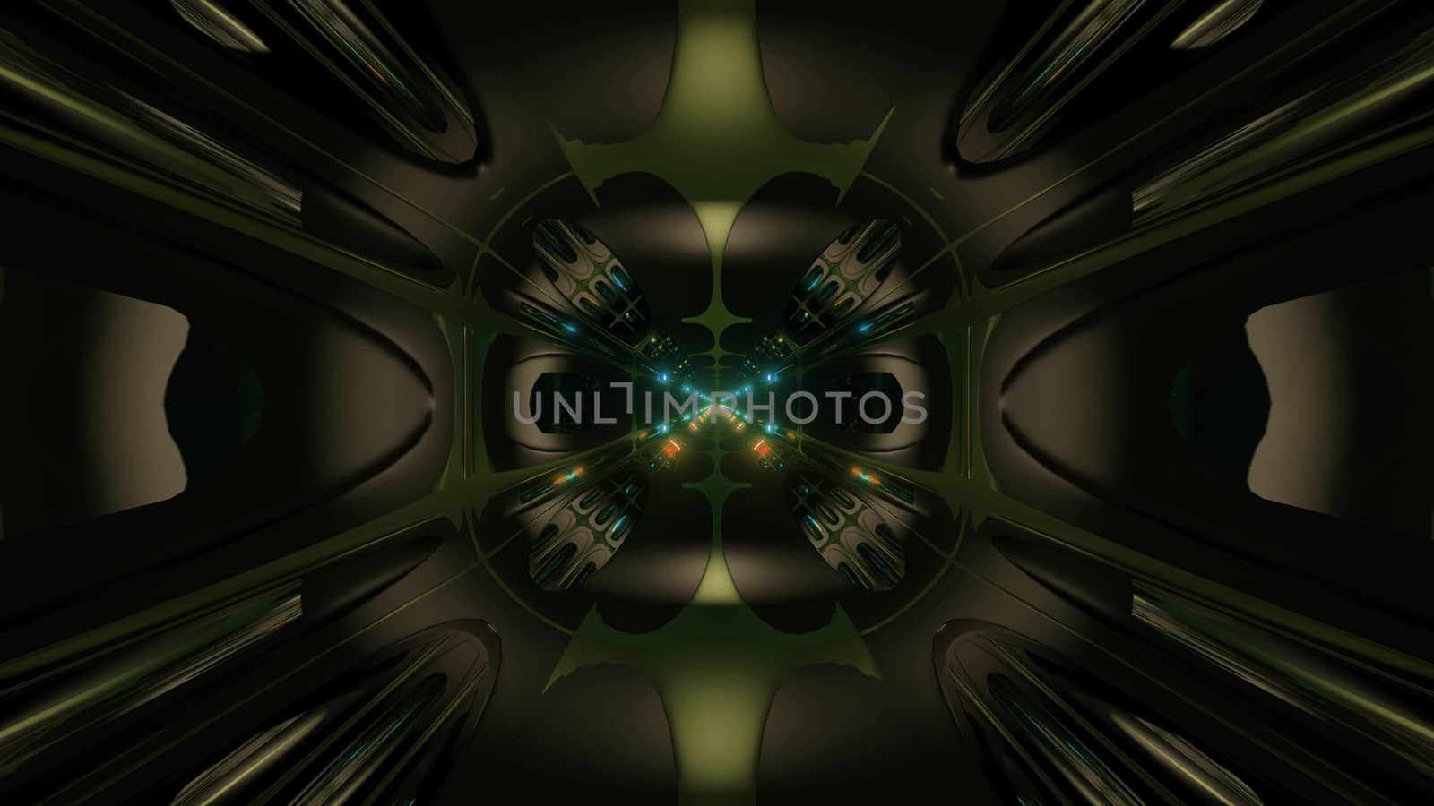 futuristic science-fiction alien stle tunnel corridor 3d illustration background, modern future space airship loop tunnel 3d render wallpaper visual