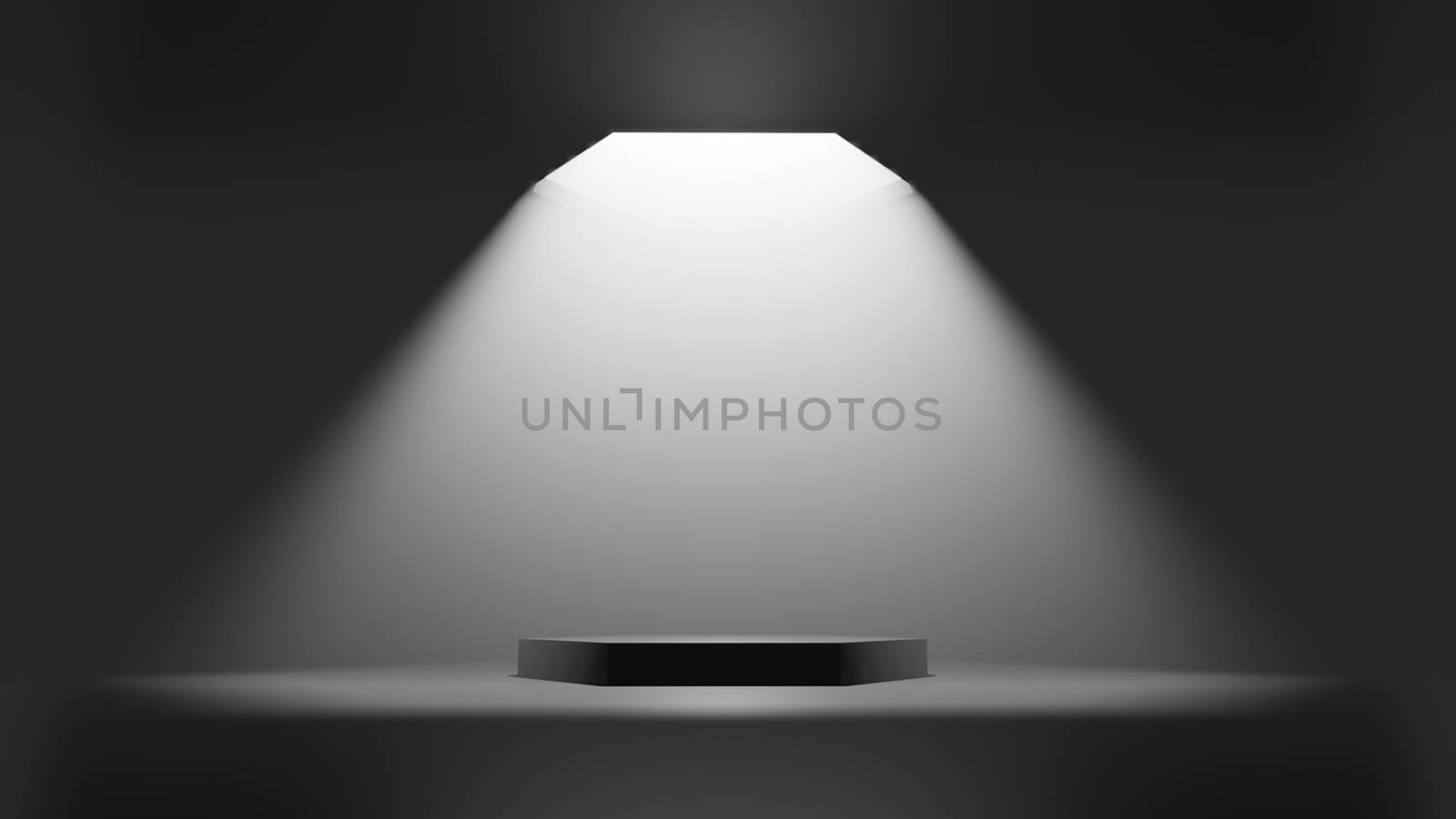 3D illustration. Showcase platform mockup, white ceiling light in empty dark room, cylinder podium. Dark abstract background