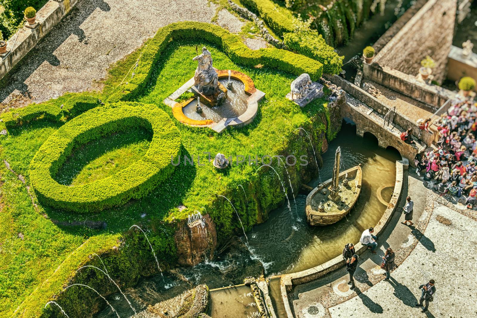 people admire aerial view of rometta fountain of renaissance in Tivoli gardens - Rome - Lazio - Italy