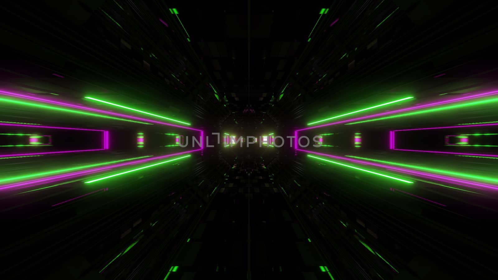 futuristic science-fiction lights glowing tunnel corridor 3d illustration background, modern movement fast speed tunnel 3d render wallpaper