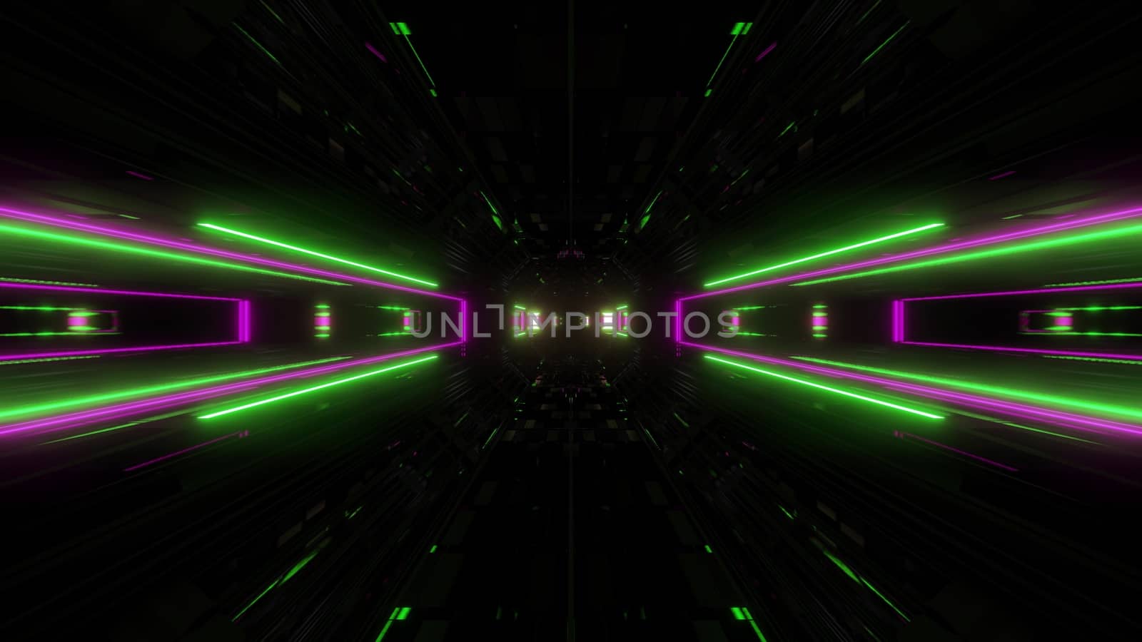 futuristic science-fiction lights glowing tunnel corridor 3d illustration background, modern movement fast speed tunnel 3d render wallpaper