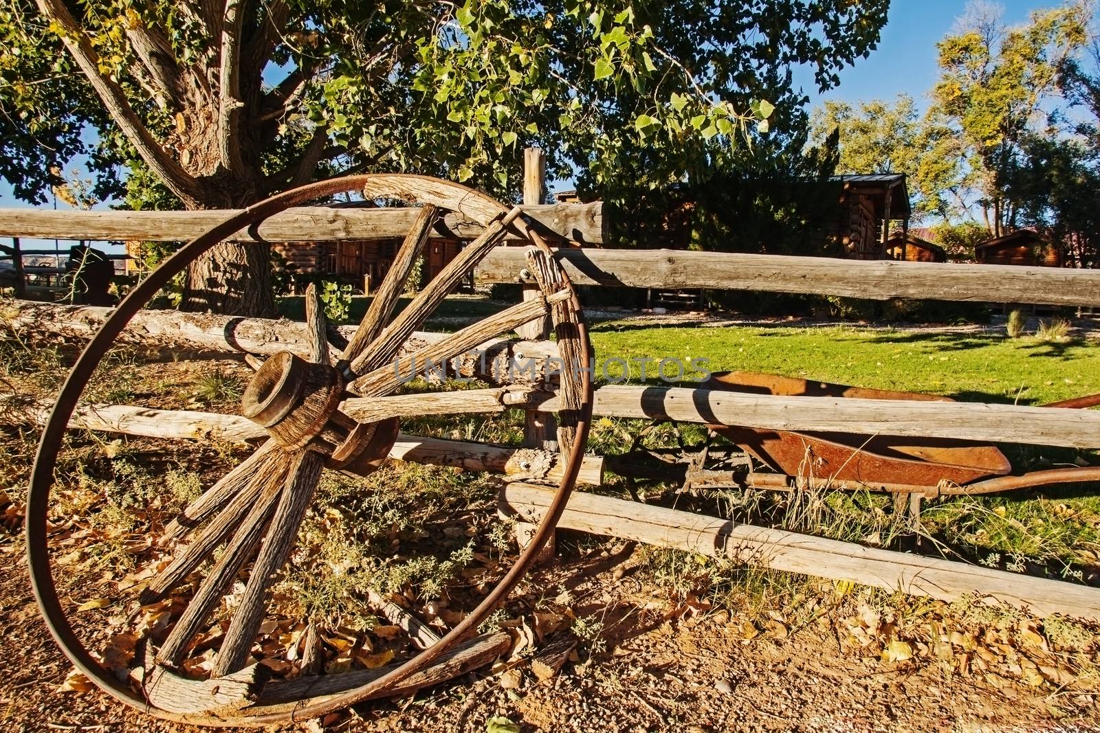 Wagon Wheel against wooden fence by kobus_peche