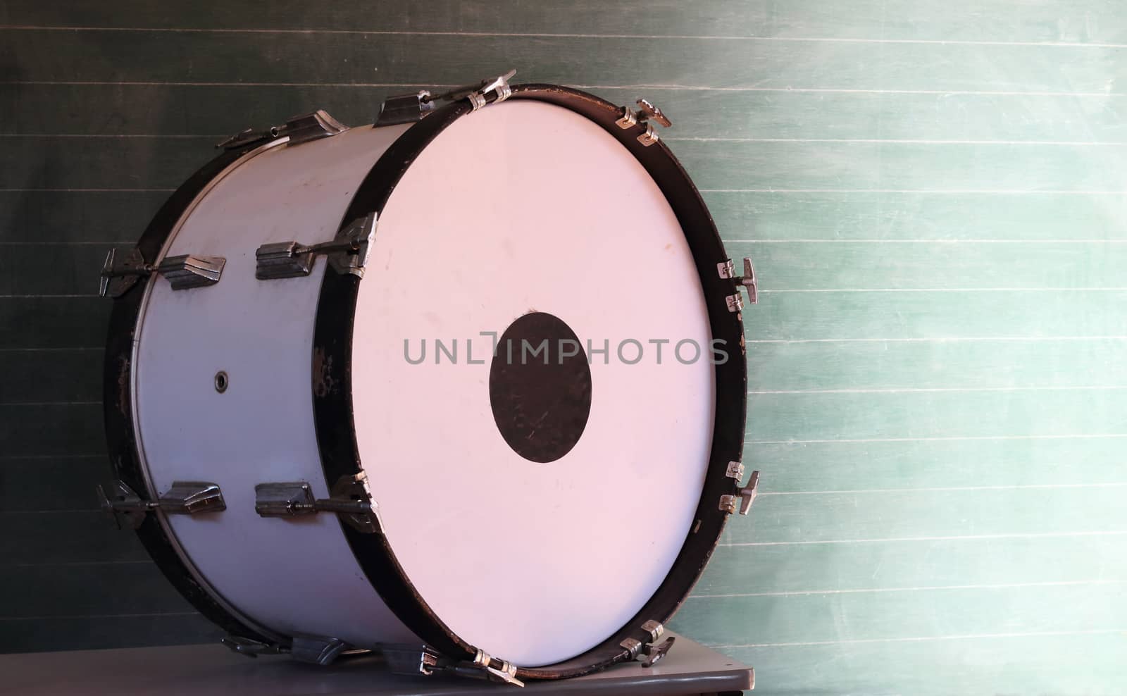 old bass drum on the table use in the classroom.