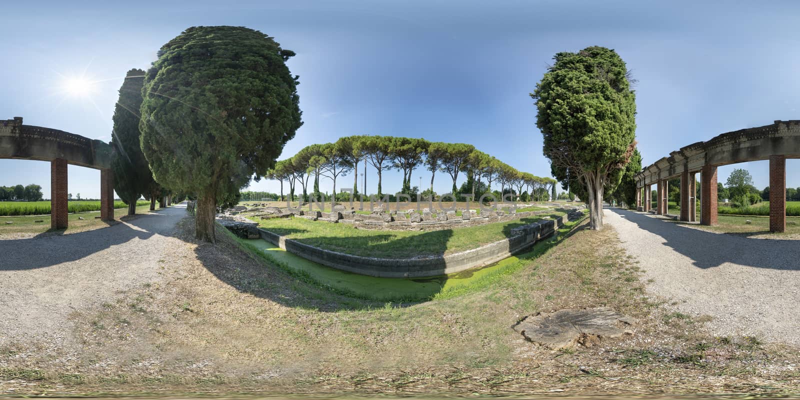 Aquileia, Friuli Venezia Giulia region, Italy. 360 degree panoramic view of the archaeological area  of the ancient Roman fluvial port