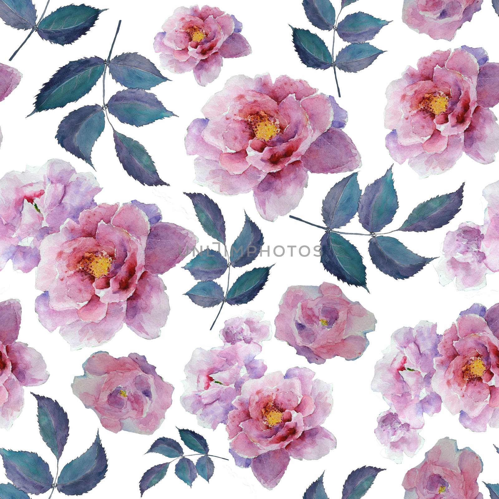 Watercolor floral pattern and seamless background of peony and leaf. Hand painted. Gentle design for fabric, wrap paper or wallpaper. Raster illustration. by kimbo-bo