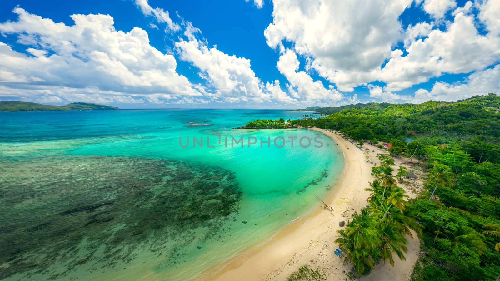 Drone shot of tropical beach.Samana peninsula,Playa Rincon beach,Dominican Republic.