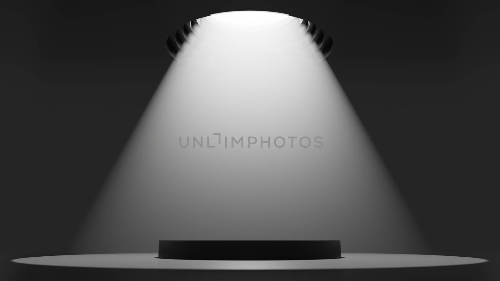 3D illustration. Showcase platform mockup, white ceiling light in empty dark room, cylinder podium. Dark abstract background