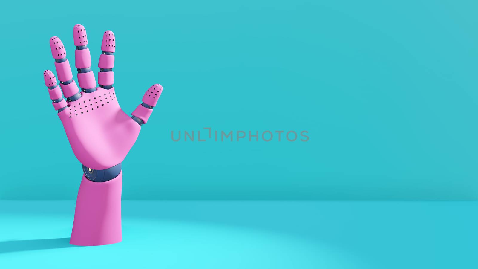 3D illustration, robot hand mannequin body part, pink blue pastel colors. Trend design