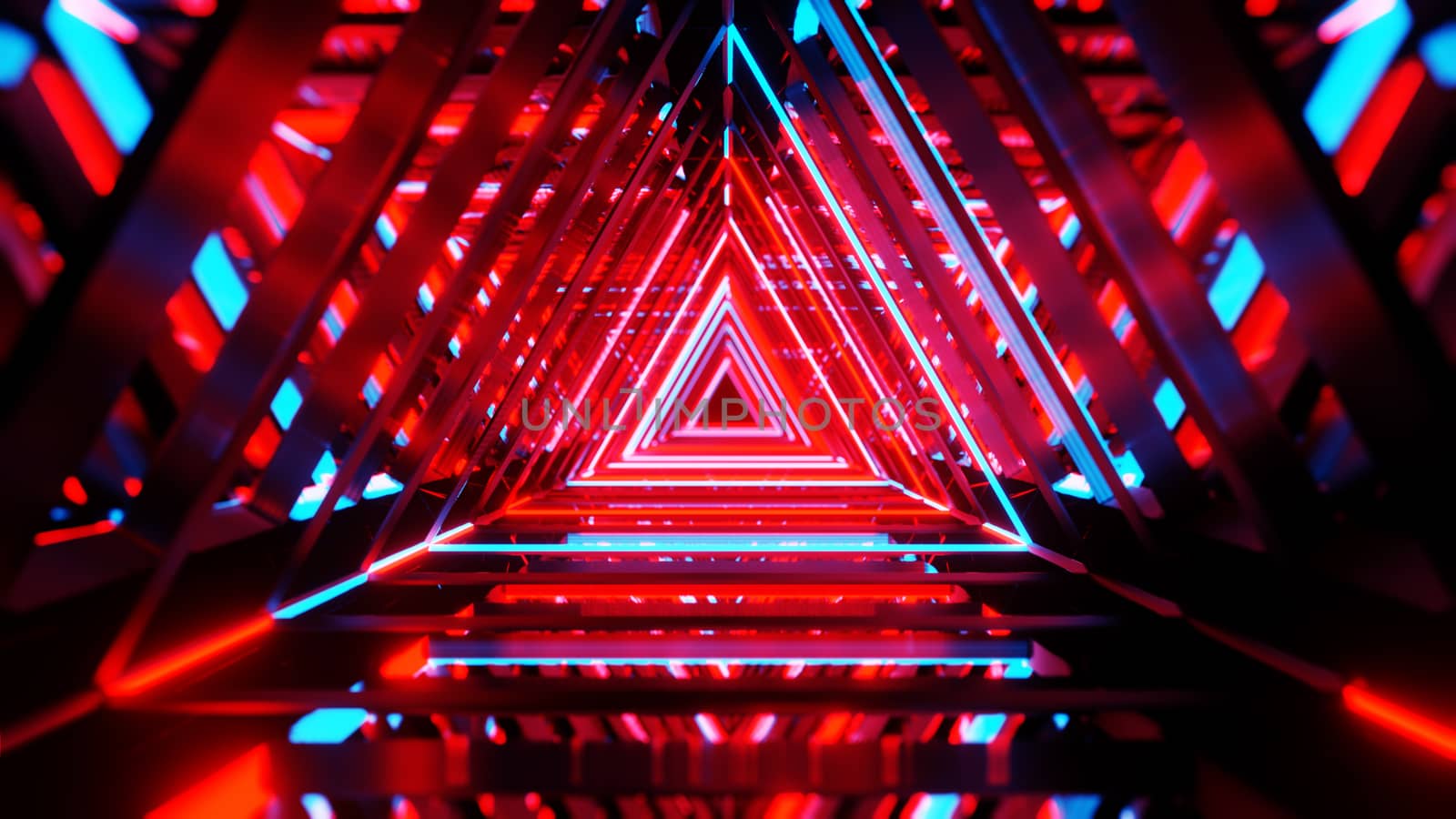 Abstract neon triangles with black empty copy space inside. 3D illustration