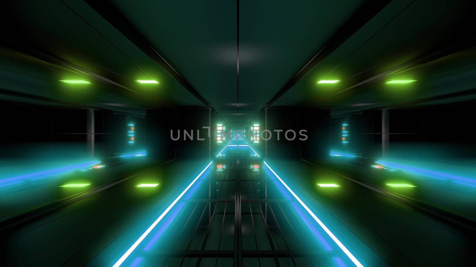 futuristic science-fiction tunnel corridor 3d illustration background, modern future space airship tunnel 3d render wallpaper