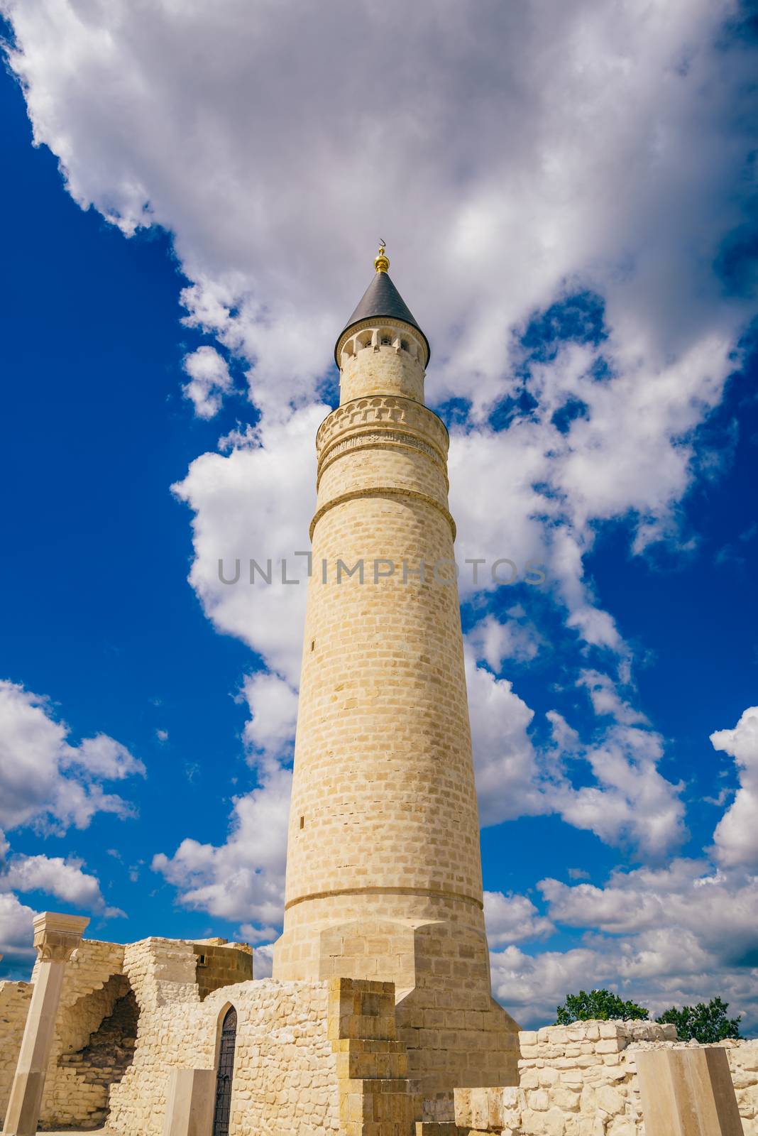 Big Minaret of Ruins of Cathedral Mosque. Bolghar, Russia.