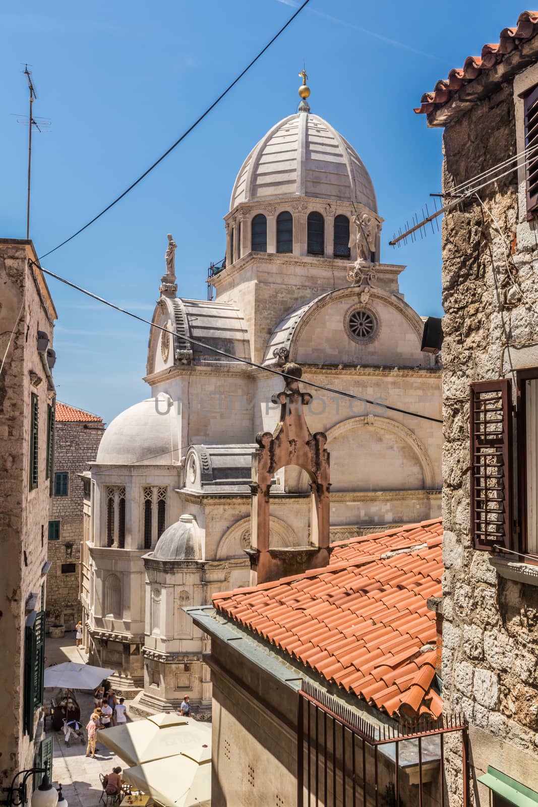 Croatia, city of Sibenik, panoramic view of the old town center and cathedral of St James, most important architectural monument of the Renaissance era in Croatia, UNESCO World Heritage.