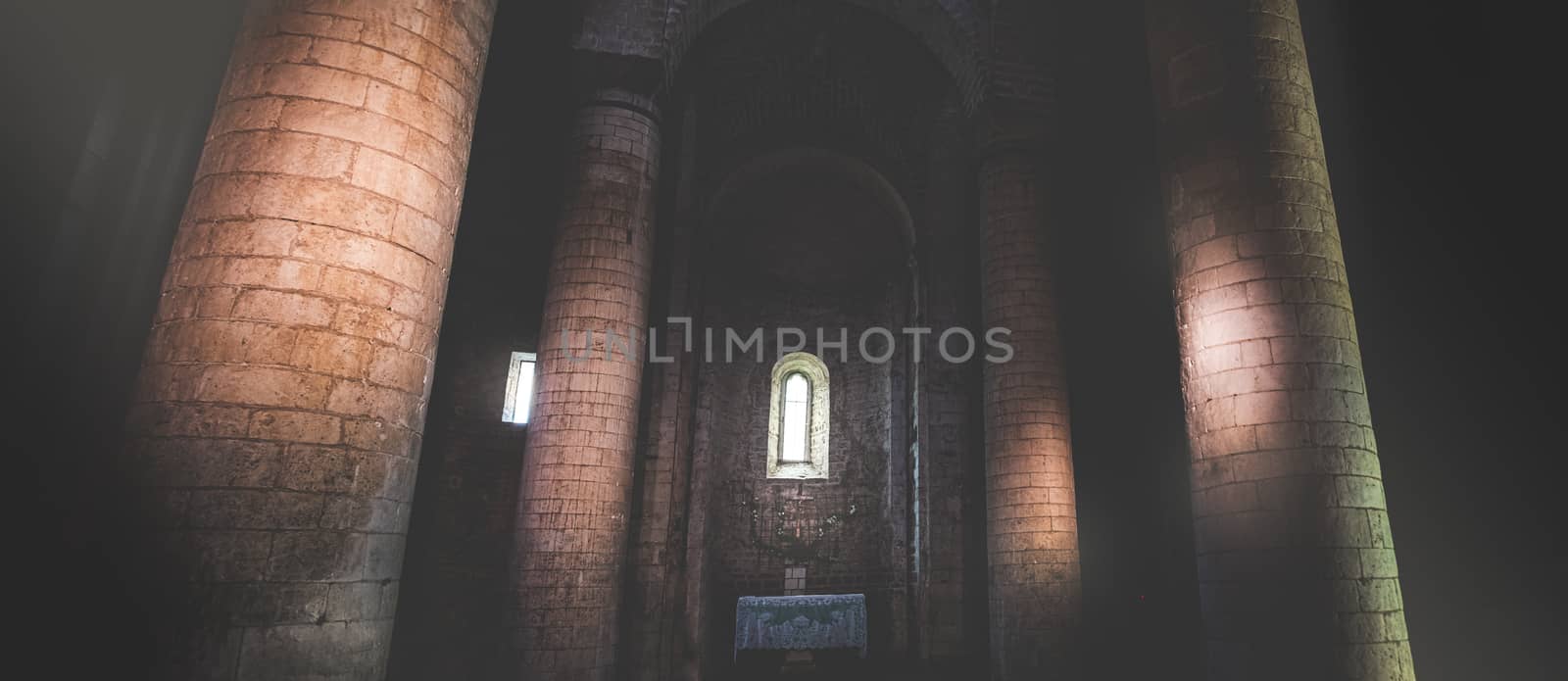 dark church interior columns sun rays light horizontal panoramic by LucaLorenzelli