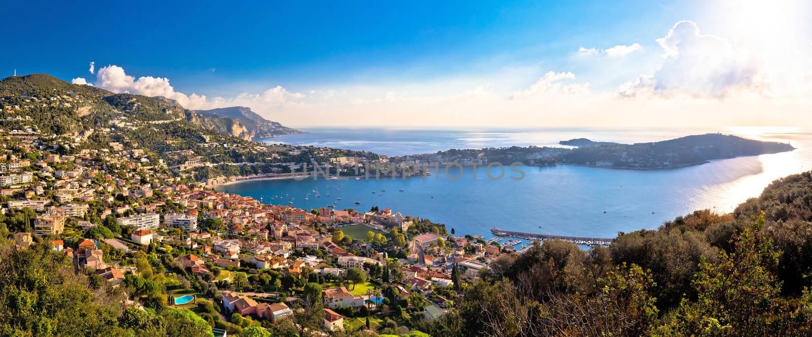 Villefranche sur Mer and Cap Ferrat on French riviera coastline panoramic view, Alpes-Maritimes region of France