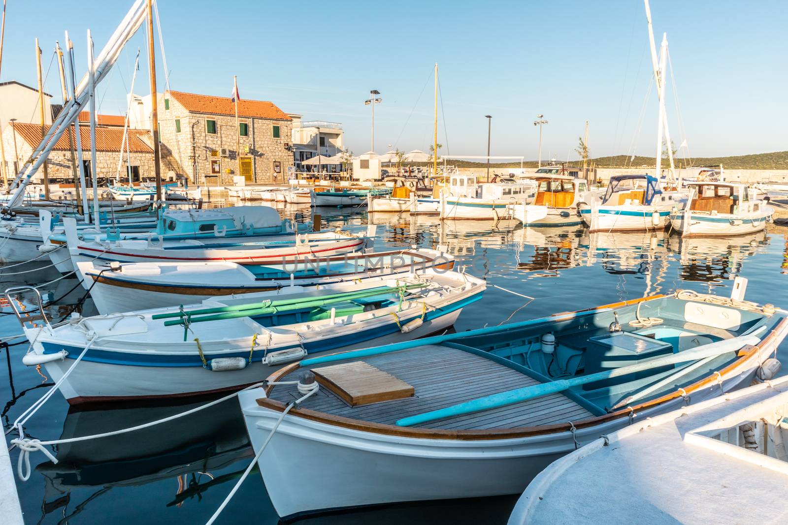 Panoramic view of Mediterranean fishing village of Betina, Island of Murter, Croatia.