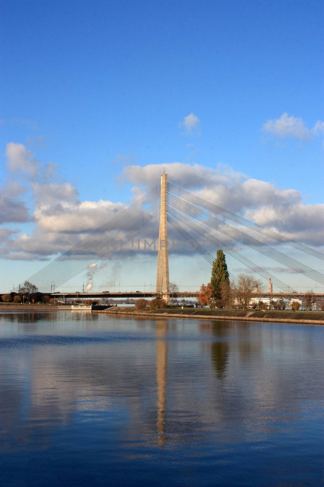 View of the cable bridge over the river Daugava. Riga, Latvia. Reflection of a cable-stayed bridge in the water against a cloudy sky.