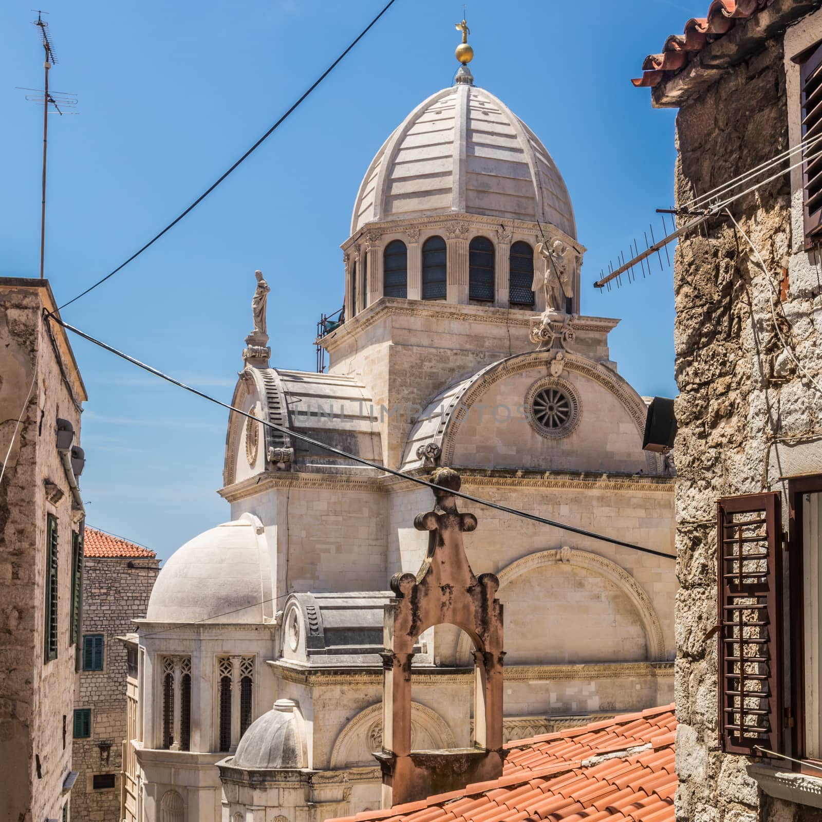 Croatia, city of Sibenik, panoramic view of the old town center and cathedral of St James, most important architectural monument of the Renaissance era in Croatia, UNESCO World Heritage.