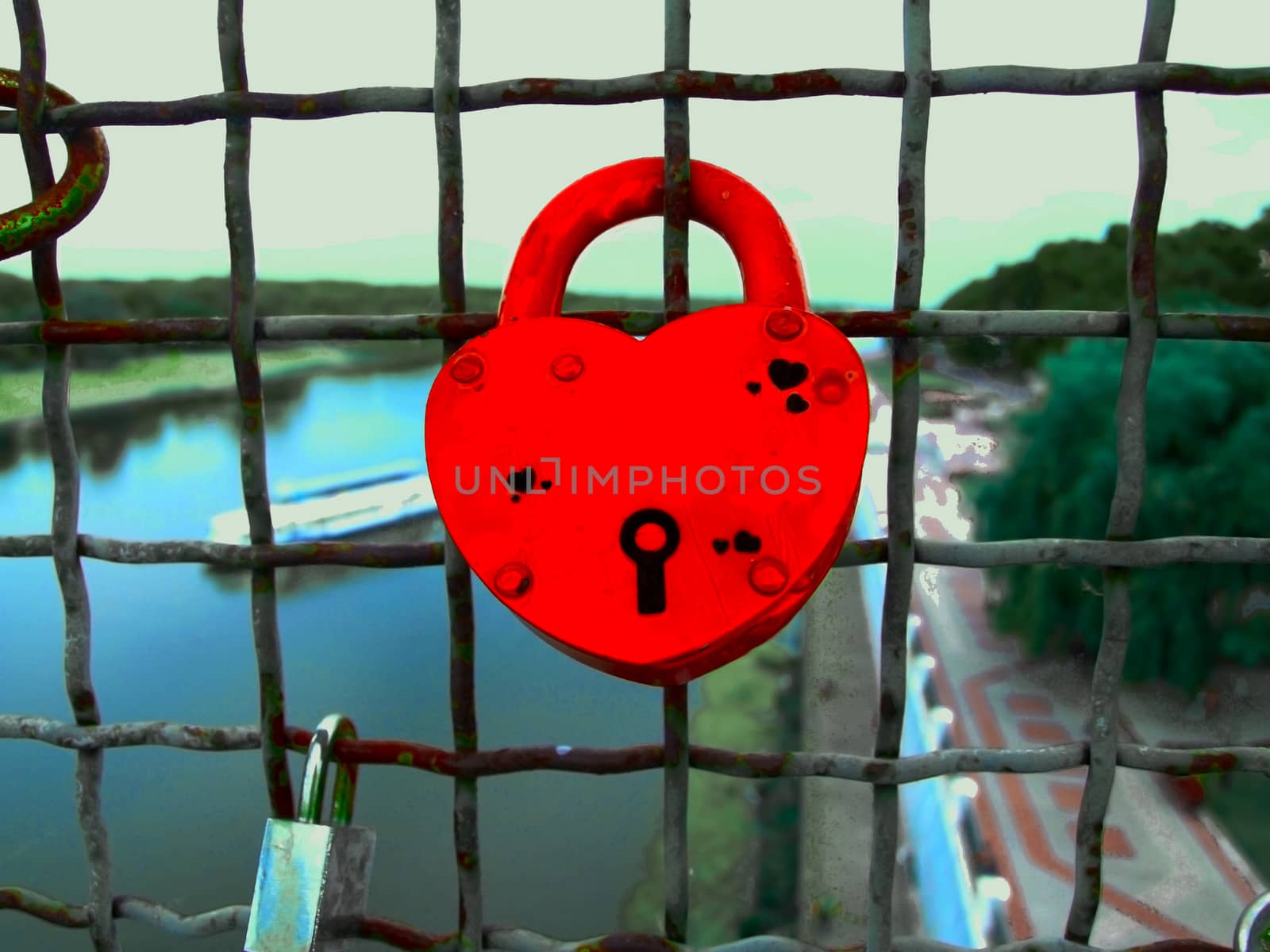 red castle heart on the fence, wedding, Valentine's day, symbol of love by natalia_voroshilova