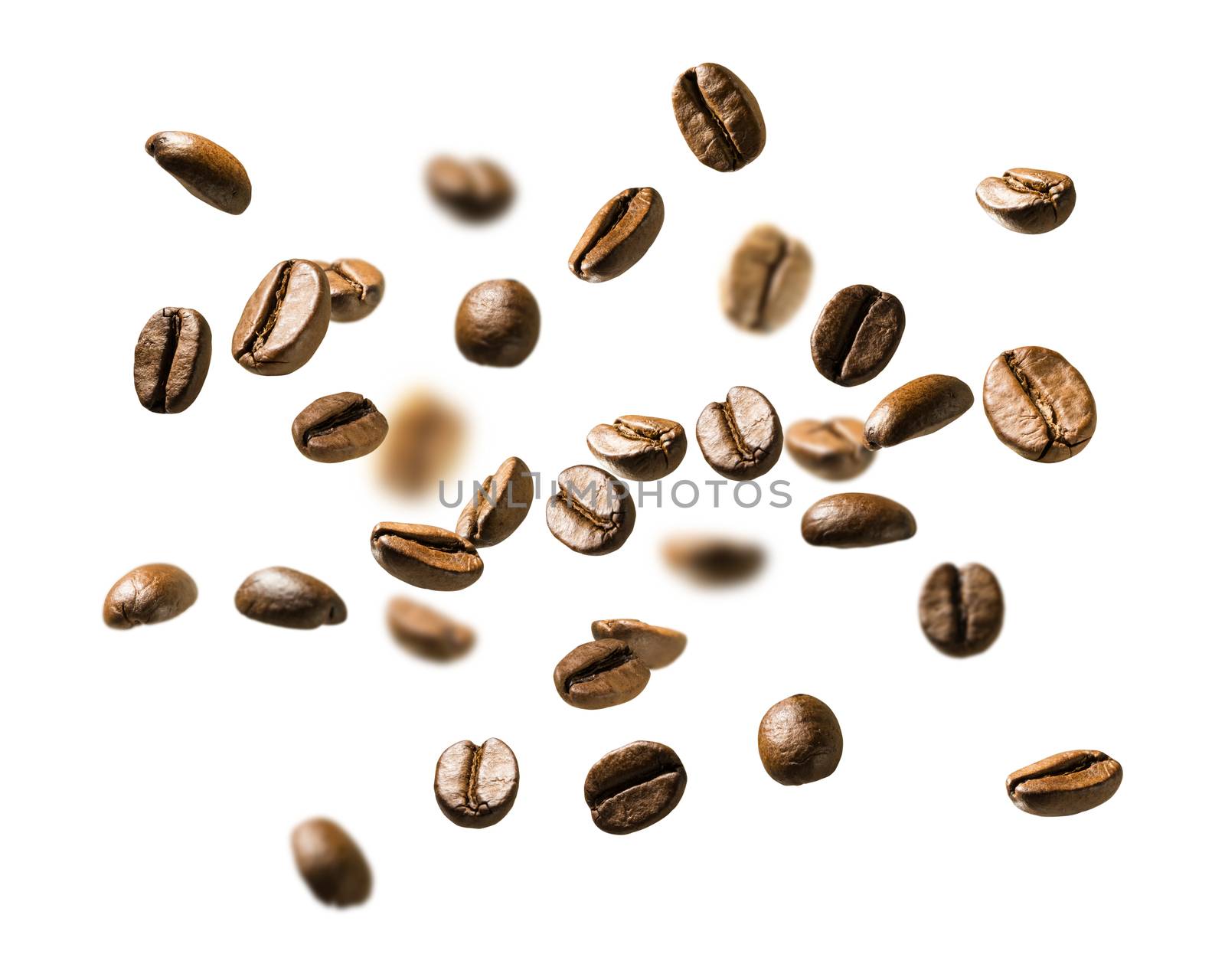 Coffee beans in flight on white background by butenkow