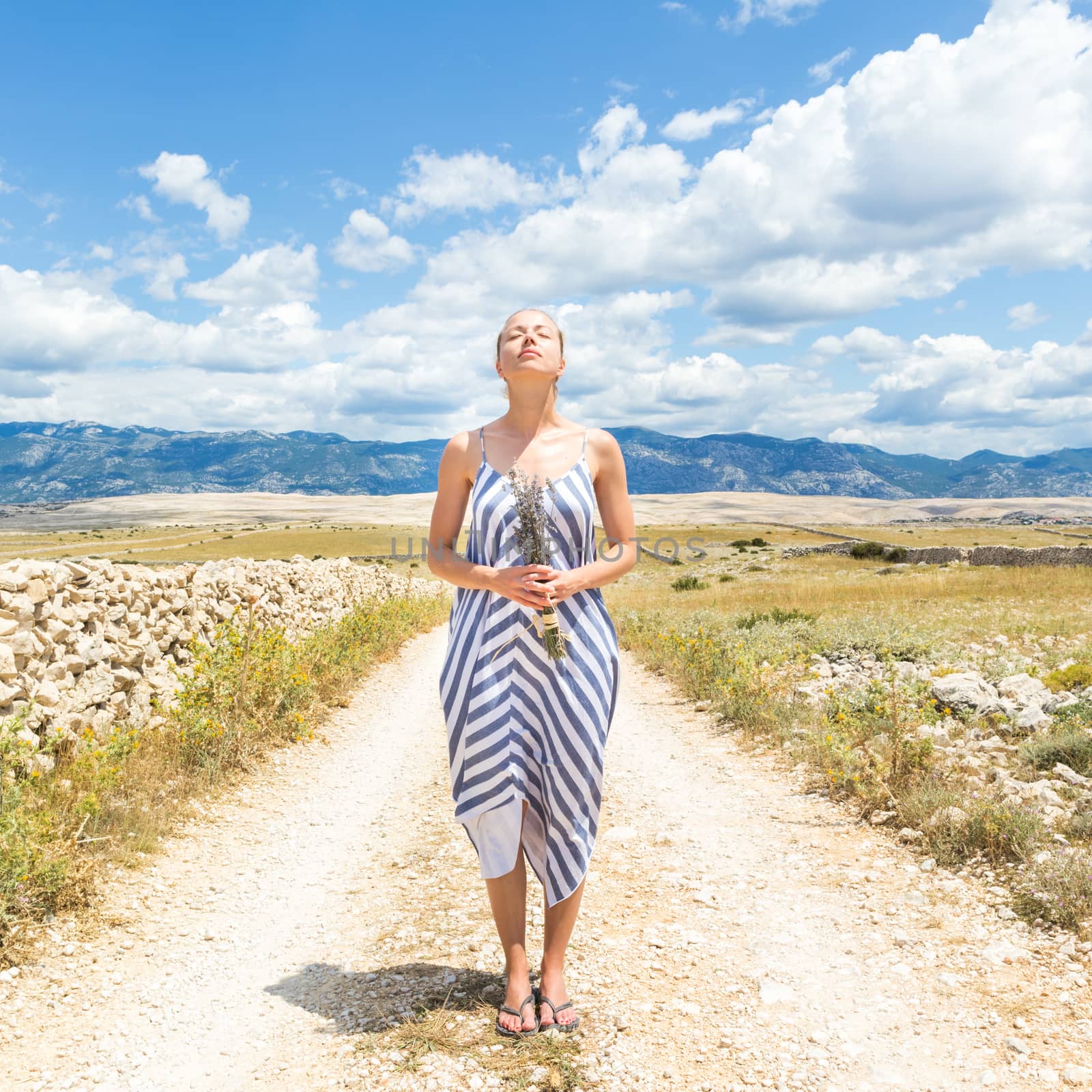 Caucasian young woman in summer dress holding bouquet of lavender flowers enjoying pure Mediterranean nature at rocky Croatian coast lanscape on Pag island in summertime by kasto