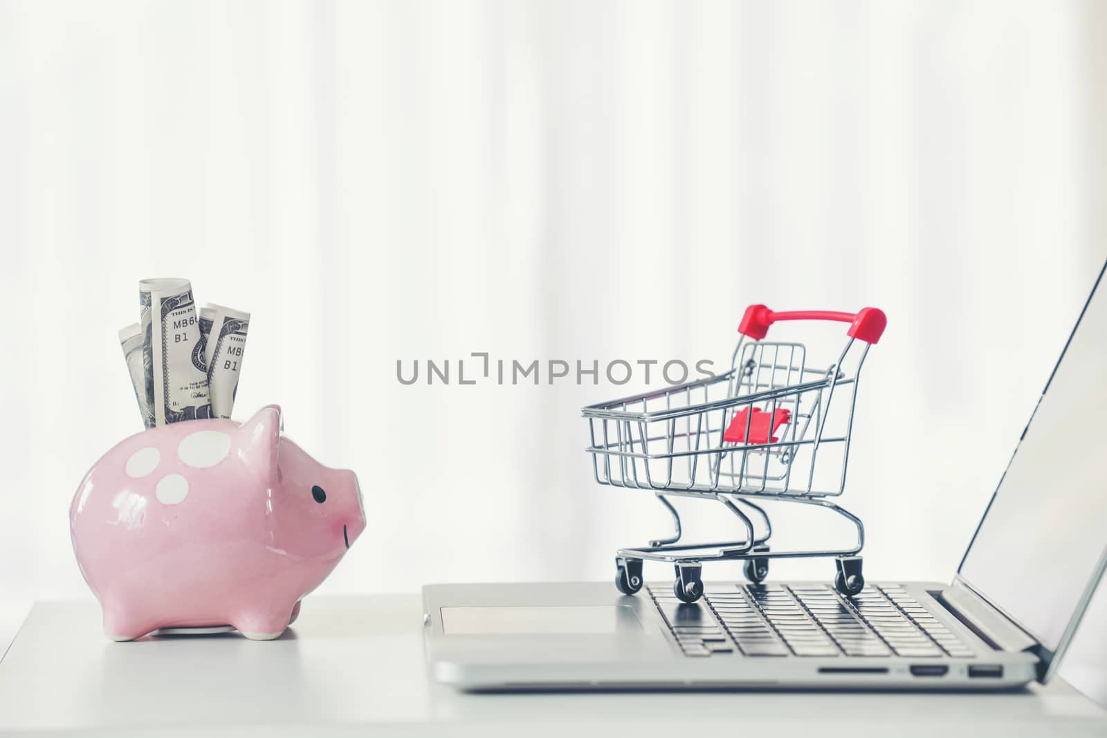 shopping cart and piggy bank with laptop on the desk, online shopping concept