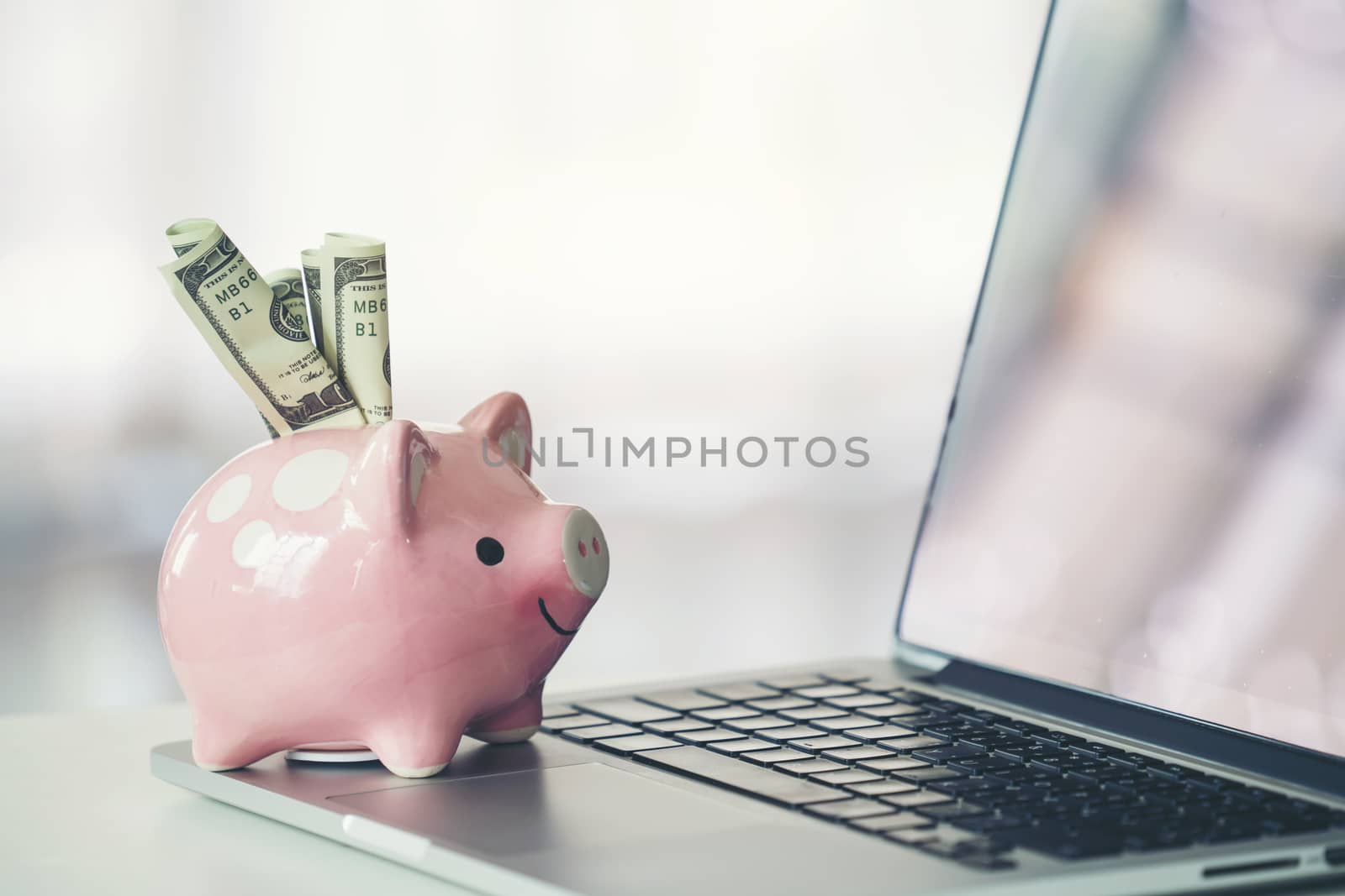 piggy bank with laptop on the desk, online shopping concept