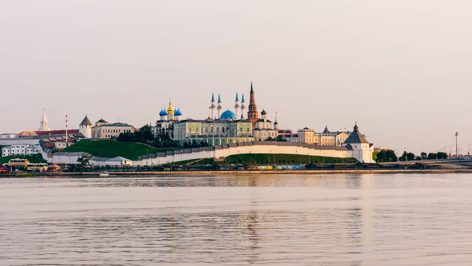 View of the Kazan Kremlin with Presidential Palace, Annunciation Cathedral, Soyembika Tower and Qolsharif Mosque from Kazanka River.