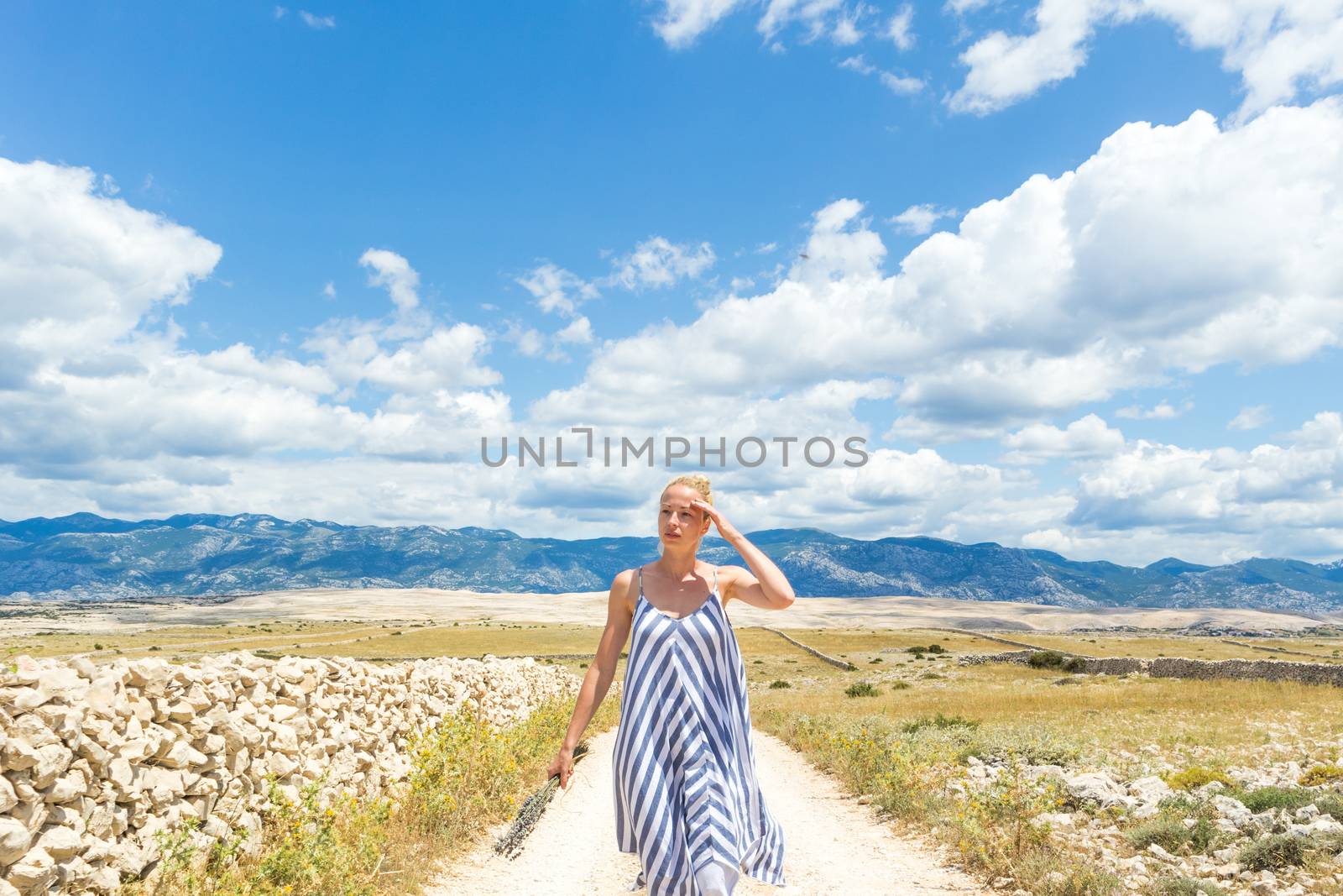 Caucasian young woman in summer dress holding bouquet of lavender flowers while walking outdoor through dry rocky Mediterranean Croatian coast lanscape on Pag island in summertime.