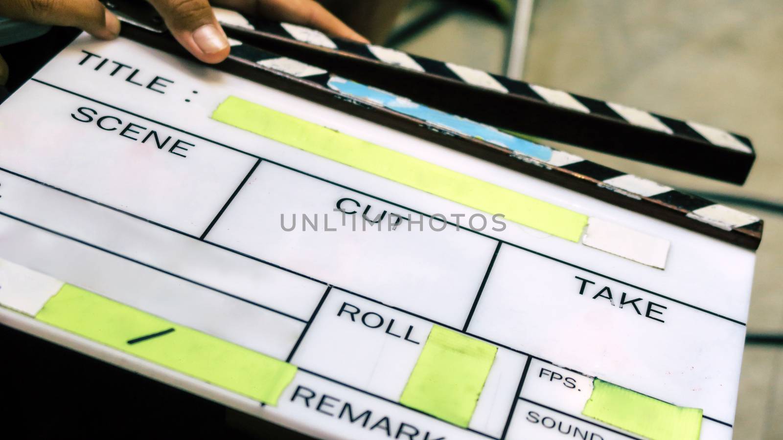 Film production crew, close up of movie Clapper board