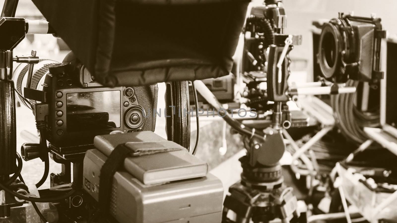 Film industry. Filming with professional camera background