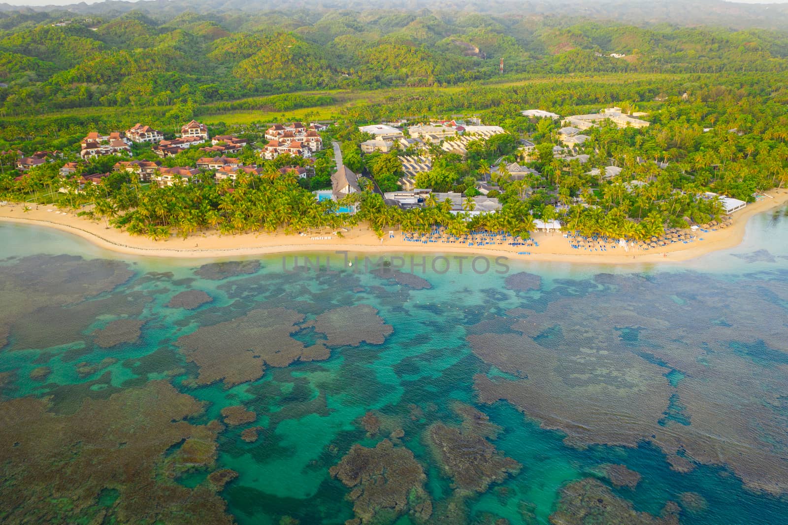 Aerial view of tropical beach.Samana peninsula,Bahia Principe beach,Dominican Republic.