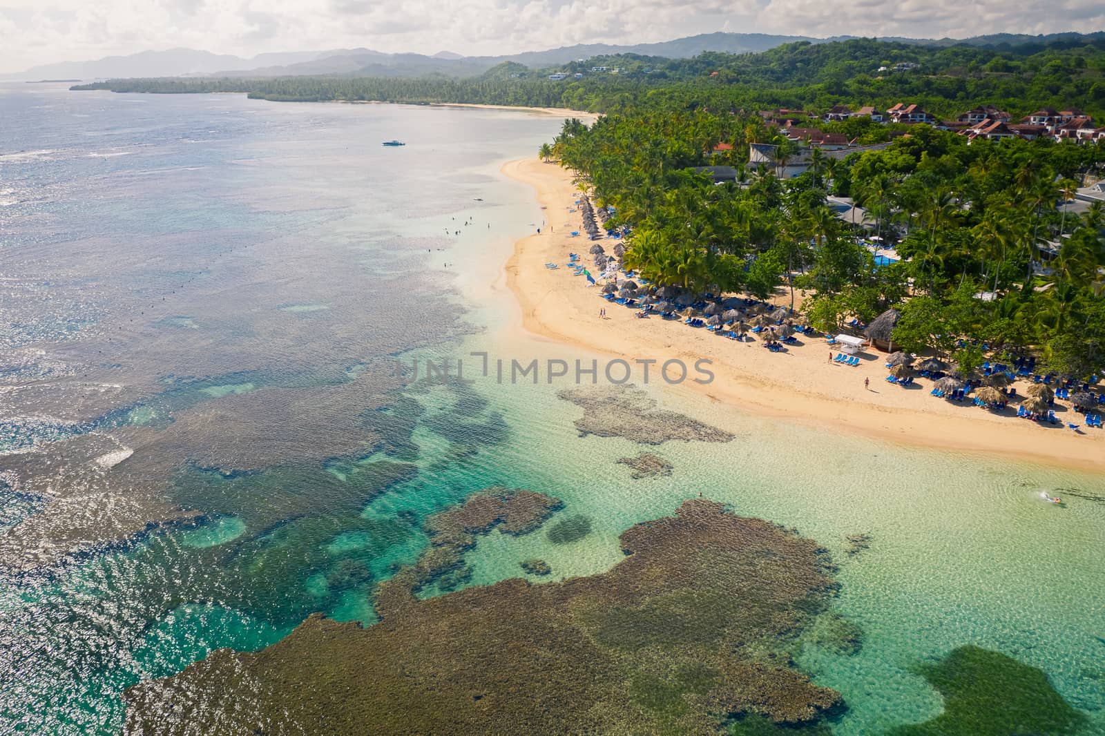 Aerial view of tropical beach.Samana peninsula,Bahia Principe beach,Dominican Republic.