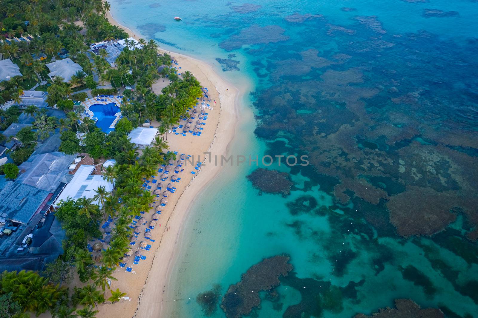 Aerial view of tropical beach.Samana peninsula,Bahia Principe beach,Dominican Republic.