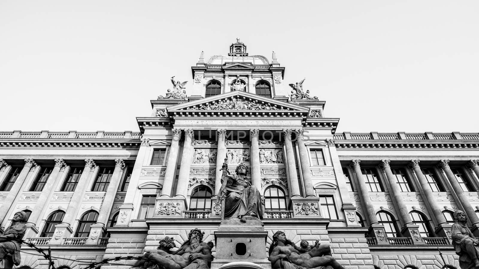 Detailed view of Czech National Museum in Prague, Czech Republic. Black and white image.