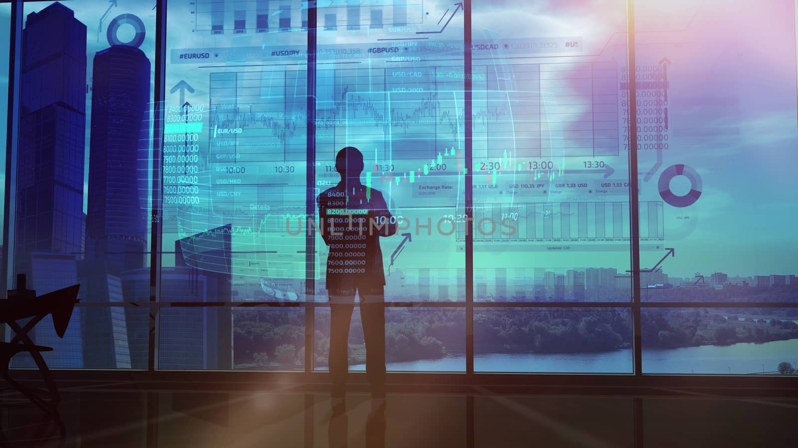 In an office with large windows, there is a silhouette of a trader looking at an infographic showing the exchange area and trading data.