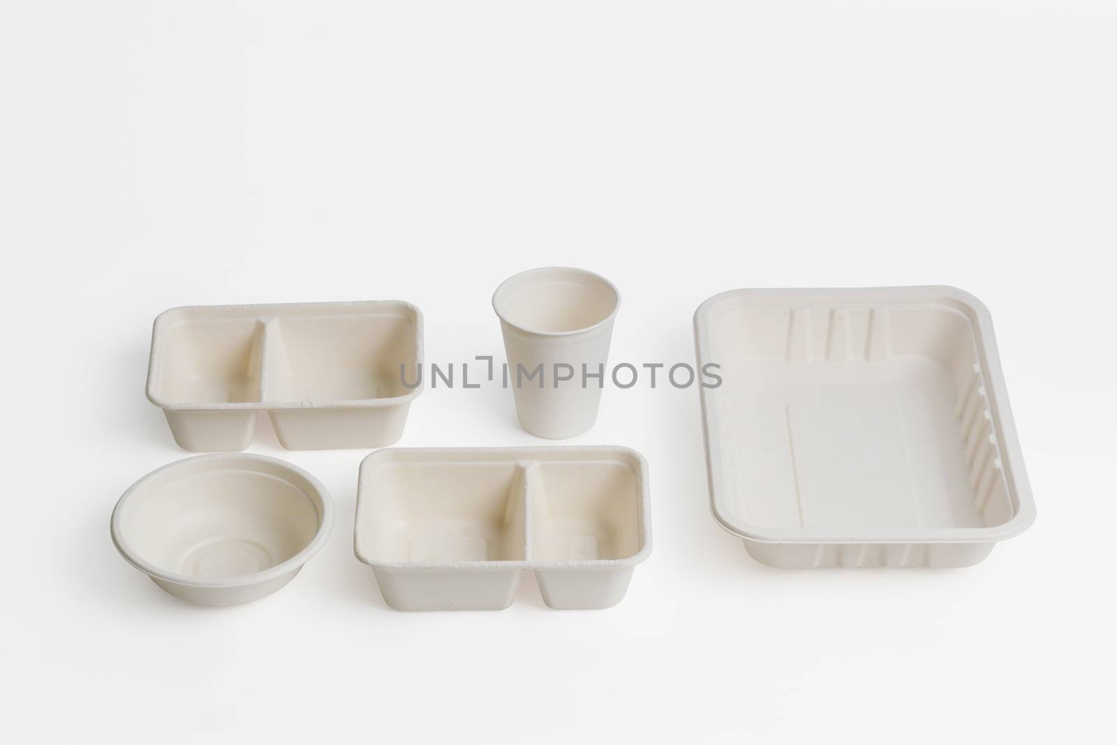 Set of unbleached plant fiber food box isolated on white with clipping path, Natural fiber eco food box.