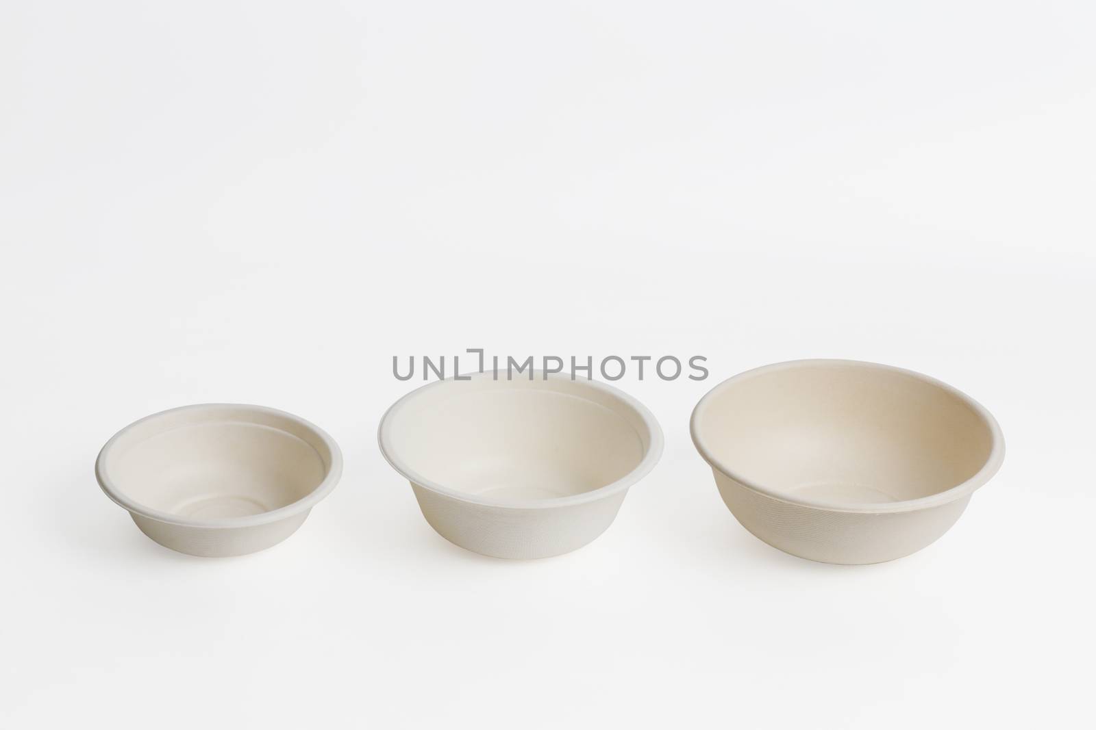 Set of unbleached plant fiber food bowl isolated on white with clipping path, Natural fiber eco food box.