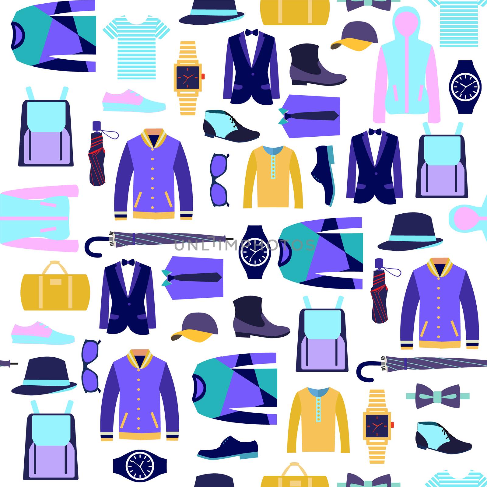 Vector set of man clothes fashion accessories seamlees pattern. 