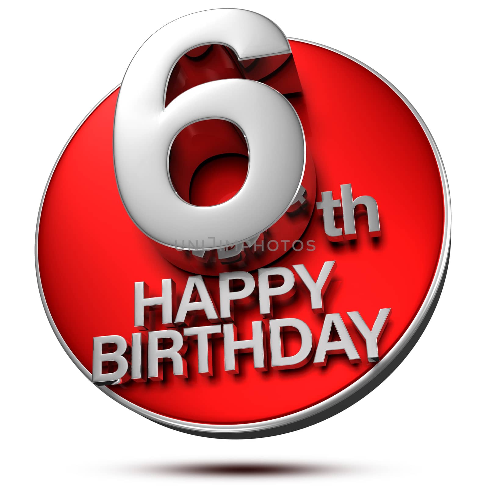 6 th Happy Birthday 3d rendering on white background.(with Clipping Path).;