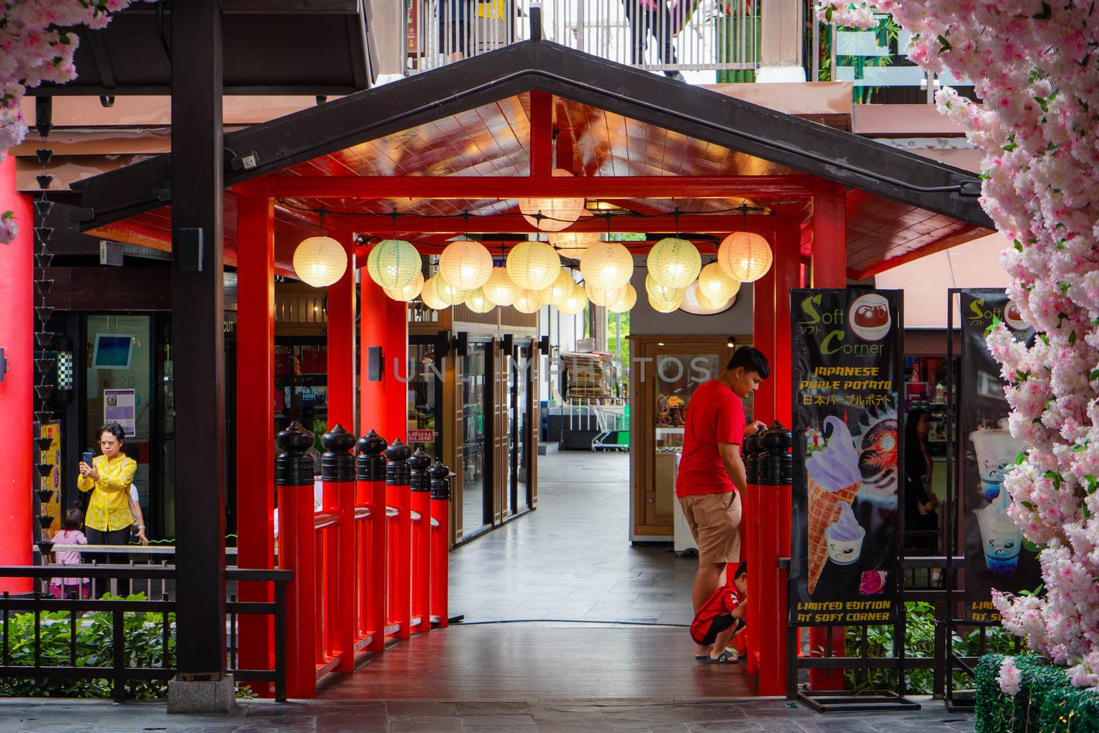CHONBURI, THAILAND - JUL 21, 2019:Red bridge japan style JPark.The JPark is shopping mall which decoration in Japanese style. by peerapixs