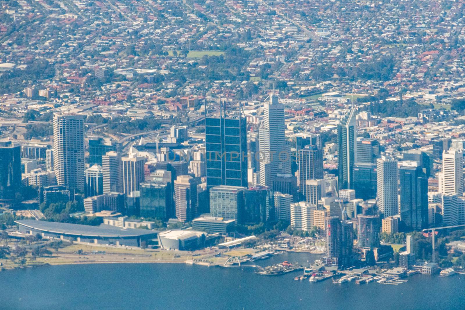 Aerial view of Perth Downtown city center seen from airplane