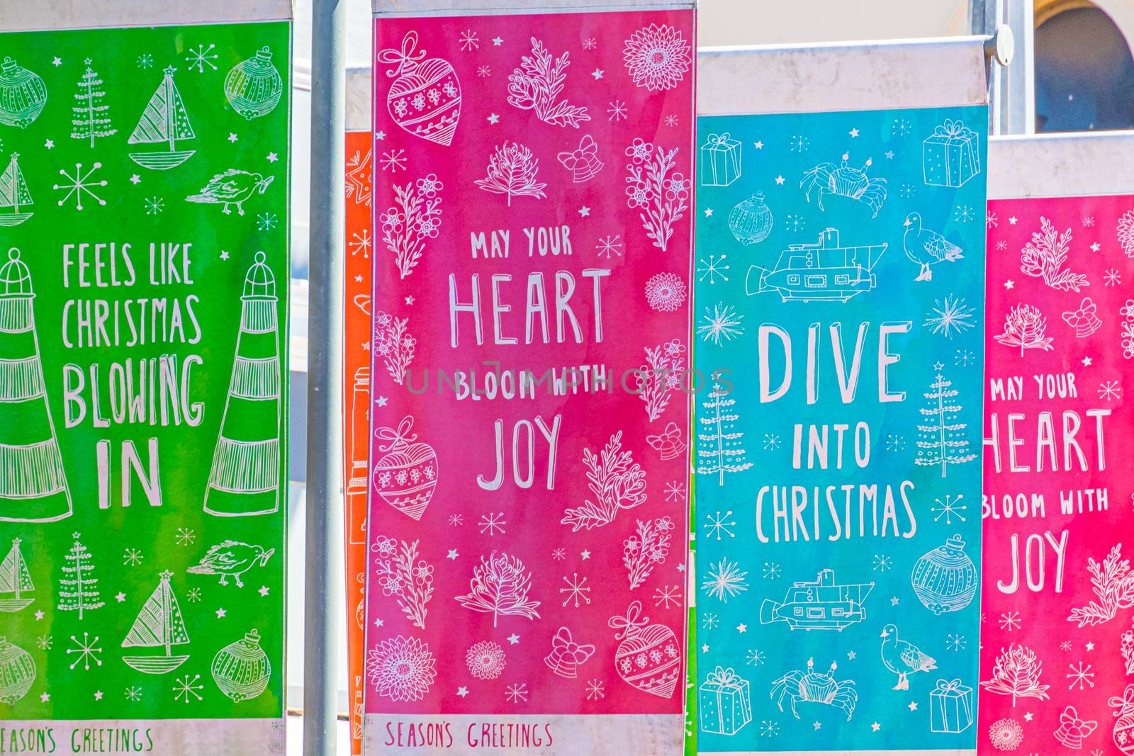 Christmas slogans in Geraldton Australia during sunny summer