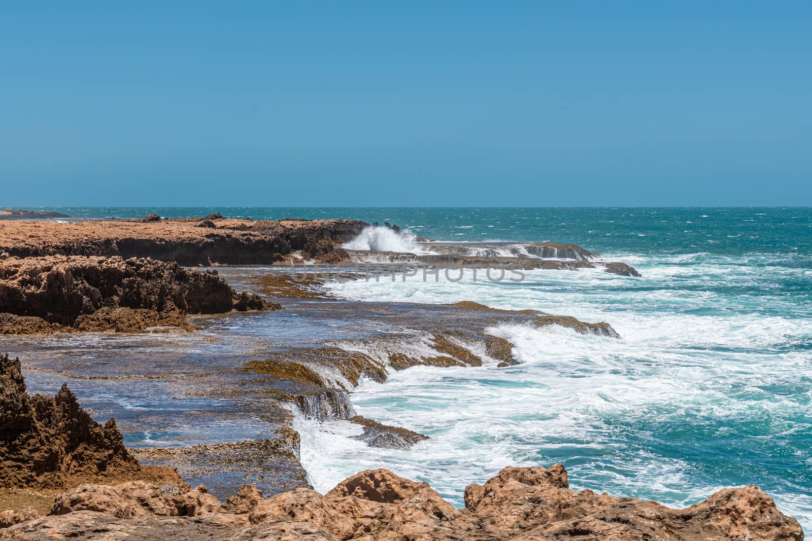 Quobba Blow Holes waves and spray during windy weather in Western Australia by MXW_Stock