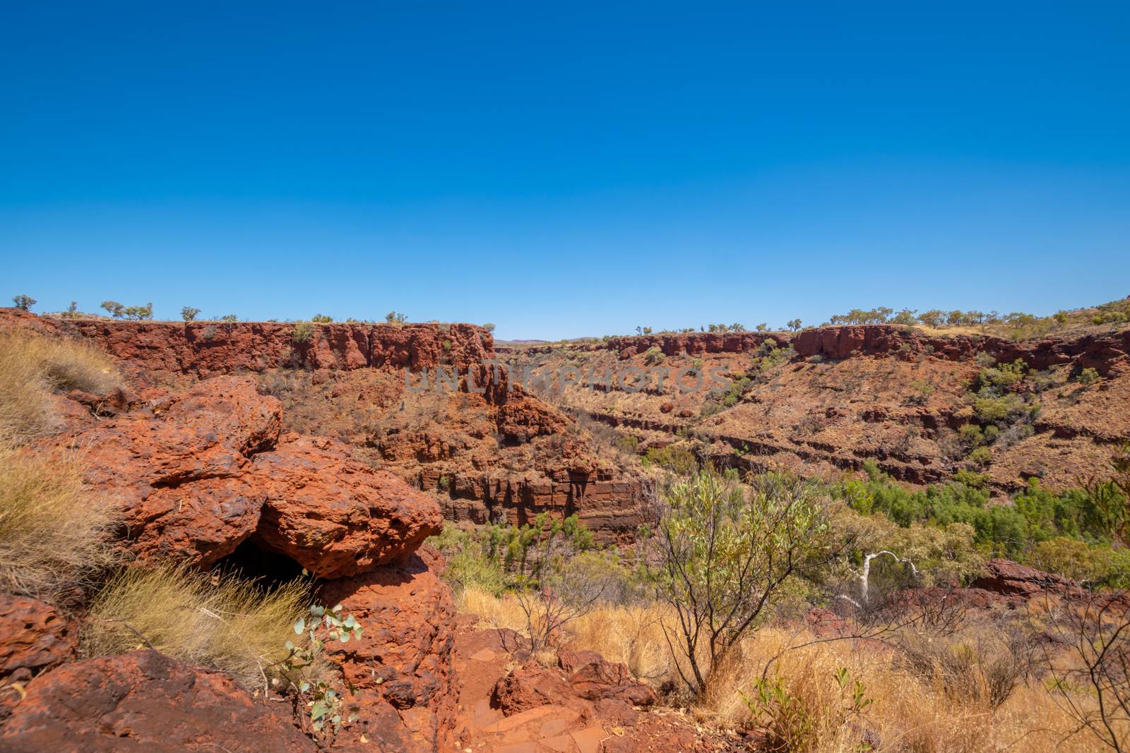 Red rock rich of iron ore at top of Dales Gorge at Karijini National Park