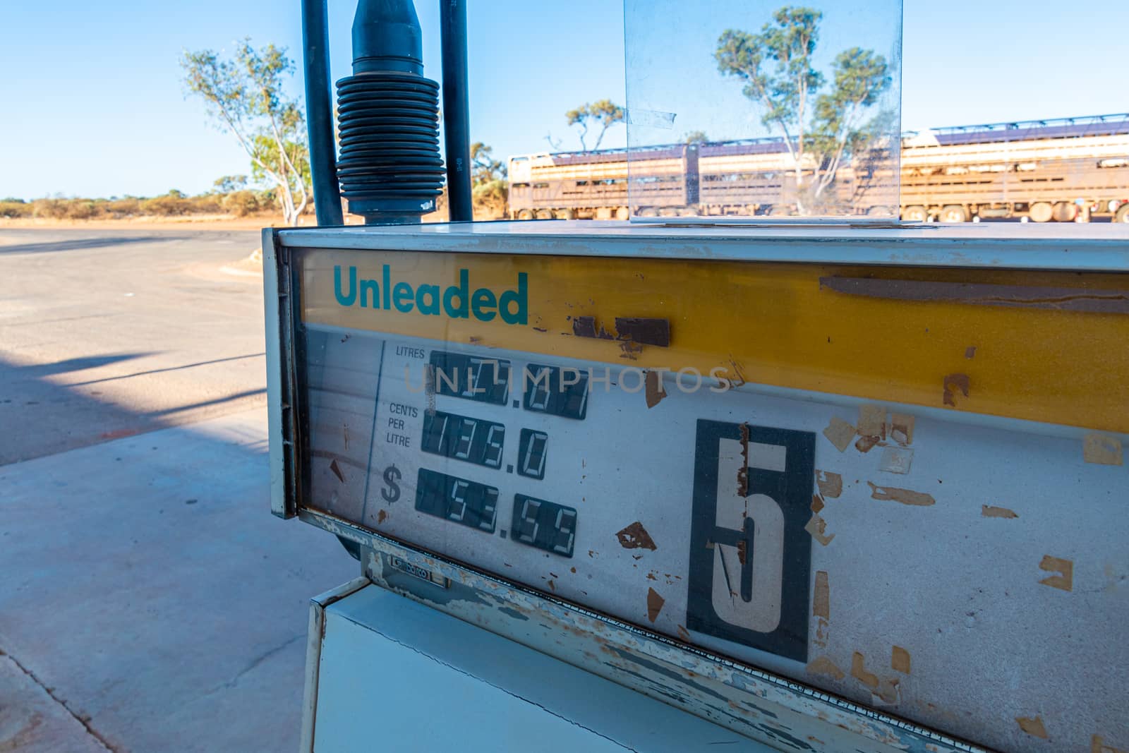 Unleaded petrol ULP gasoline station low prices close to Billa Bong roadhouse by MXW_Stock