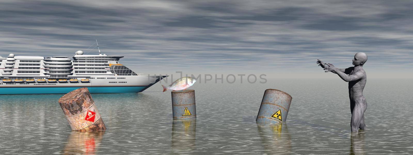 Pollution of the sea blue by ships - 3d rendering