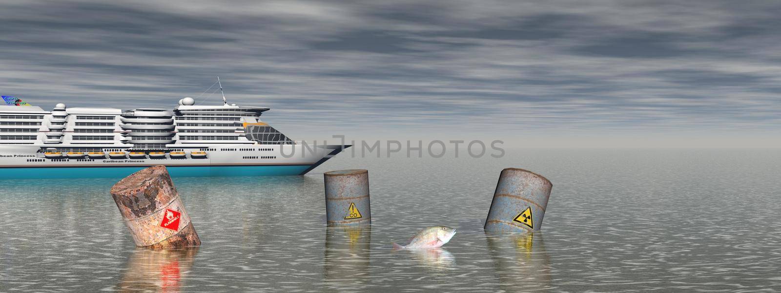 Pollution of the sea blue by ships - 3d rendering